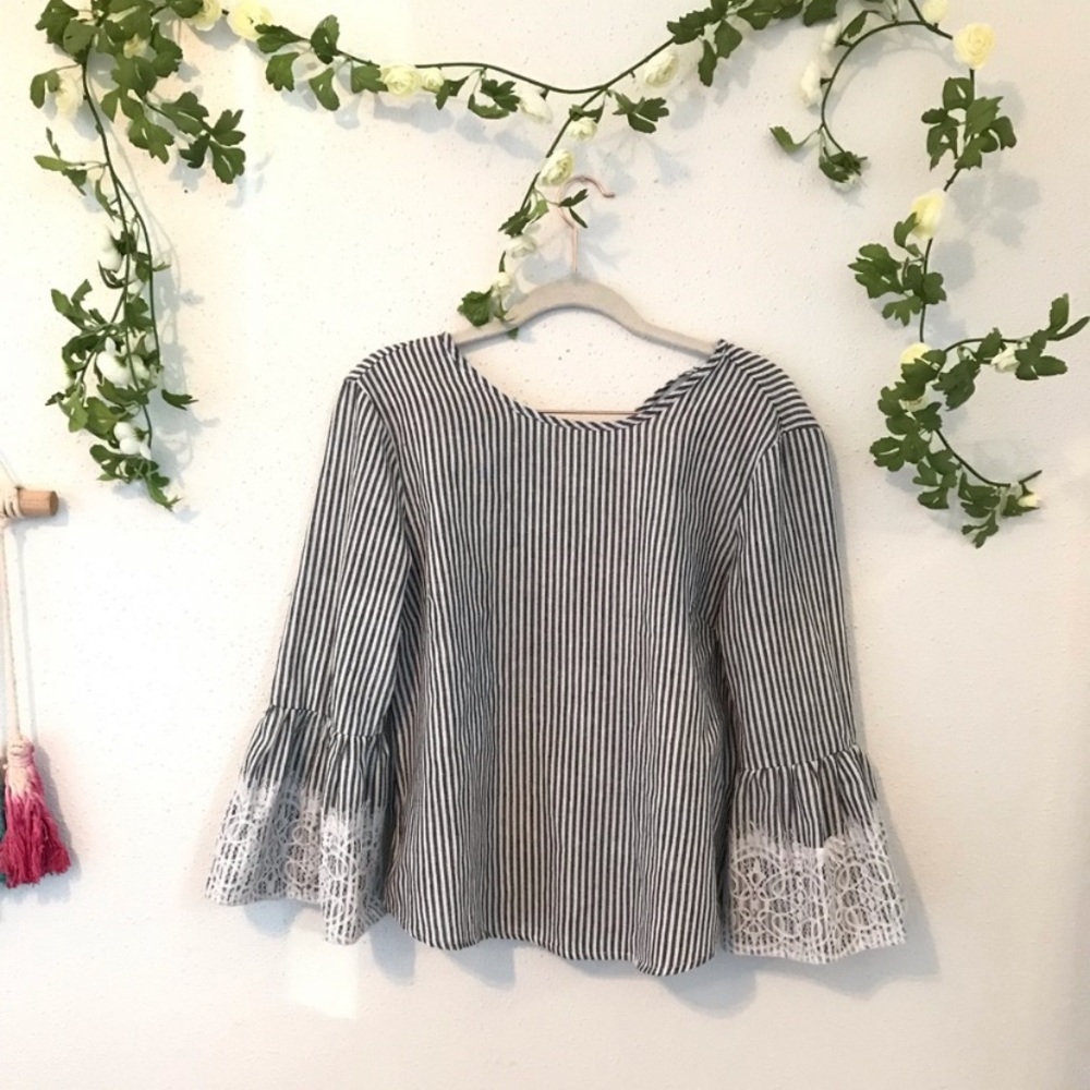 Grey & White Striped Bell Sleeve top